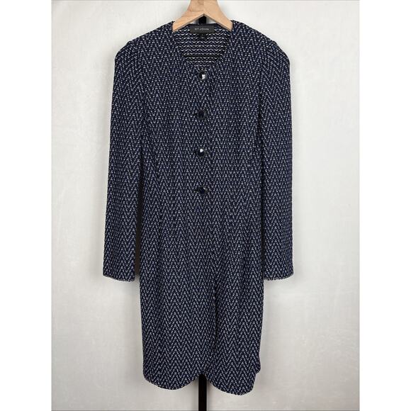 St. John Tweed Knit Long Duster Jacket Womens 2 Blue Black Timeless Quiet Luxury